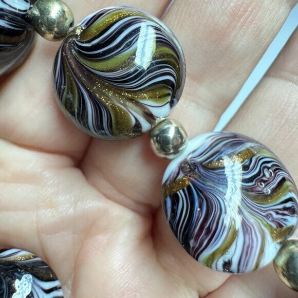 Art Glass Round Penny Beads Bracelet Stretchy Gold Black White - Picture 2 of 4